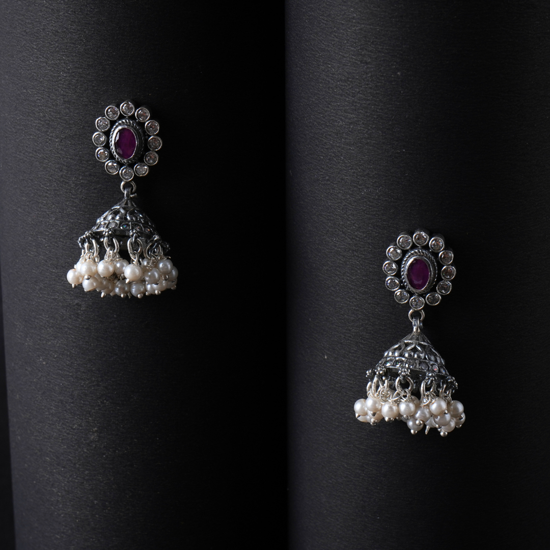 Oxidised Silver Earrings with Stone Design